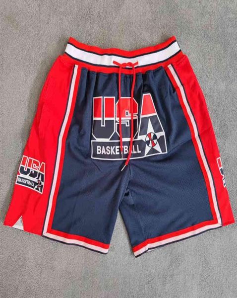 MM Masmig Navy 1992 USA Dream Team bordados pantalones cortos de baloncesto bordados con bolsillos3043604