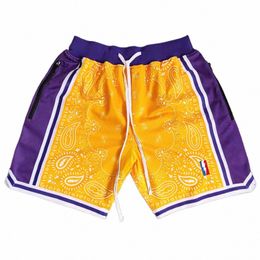 mm MASMIG Short de basket-ball imprimé jaune Paisley Los Angeles avec poches zippées Pantalon d'entraînement Bryant LeBr Street Style 53k1 #