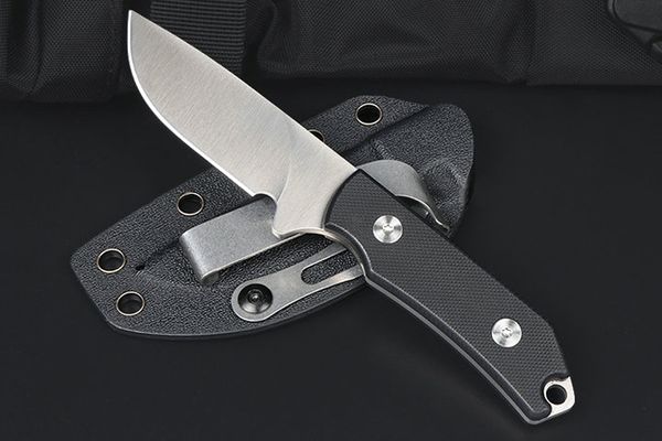 MM7696 Cuchillo recto de supervivencia D2 Hoja satinada Acabado CNC Mango negro G10 Mango para acampar al aire libre Pesca Hoja fija Cuchillos de caza con Kydex