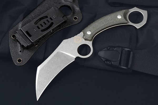 Couteau Karambit à lame fixe MM7721 14C28N, lame de lavage de pierre CNC, manche Micarta complet, couteaux à griffes tactiques d'extérieur avec Kydex