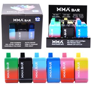 MMA BAR Box Mod Batterie rechargeable avec écran Tension variable 650mAh Batteries de préchauffage Fil VV 510 pour cartouche d'huile épaisse 0,5 0,8 Atomiseur de réservoir de 1,0 ml