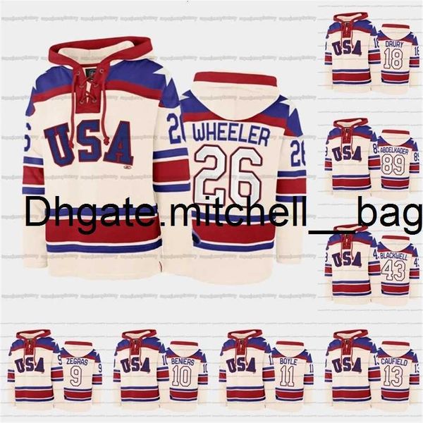 MMag A3740 Equipo de hockey de EE. UU. Con cordones Relación con capucha Jersey personalizado 9 Trevor Zegras 26 Blake Wheeler 18 Jack Drury 43 Colin Blackwell 11 Brian Boyle 12 Alex