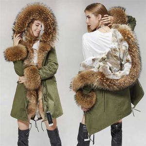 MMK Mode Femme Parka Manteau Doublure De Fourrure De Lapin Grand Col De Raton Laveur Veste D'hiver Longue À Capuchon Armée Vert Saison Chaud Ja 211220