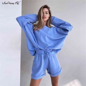 Mnealways18 Casual blauw 2 -delige set Sportpak Dames Sweatshirt met lange mouwen en shorts Tracksuit Vrouwelijke herfstsets los 210331