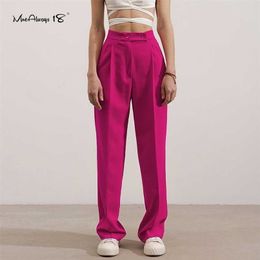 Mnealways18 Élégant Rose Rose Dames Taille Haute Pantalon Plissé Zip Jambes Larges Pantalon Femmes Printemps Chic Femme 211115