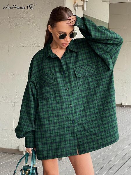 Mnealways18 vert Shacket chemises surdimensionnées femmes épaules tombantes Style de rue Blouses à carreaux Double poches décontracté haut ample 2023