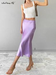 Mnealways18 Solid Purple Satin Silk Rok Women High Tailed Summer Long 2024 Elegante dameskantoor Rokken Midi Spring 240420