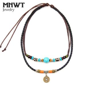 MNWT Collar de colgante de monedas antiguas/cuello de madera de múltiples capas Bohemian Fashion Jewelry Genuine Leather Men Cabklaces6219102