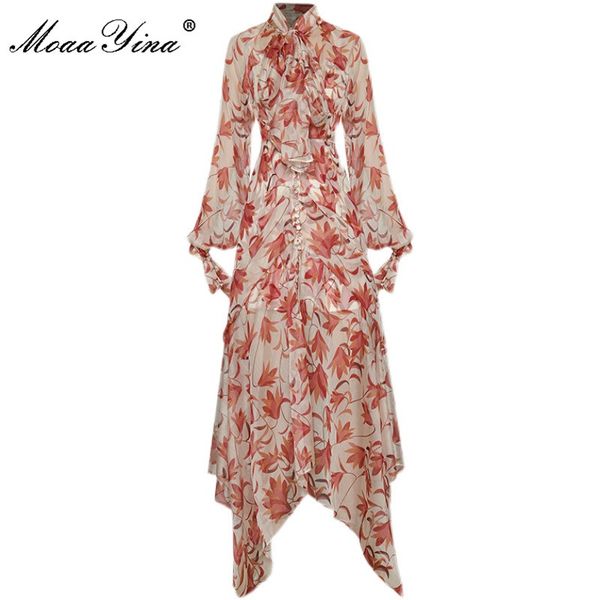 Moaa Yina Fashion Designer Summer Long Party Robe Femme Lanterne Manches Floral Print Mousseline de mousseline asymétrique Maxi 210524