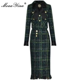 MoaaYina, diseñador de moda, faldas de Tweed a cuadros de invierno, traje de mujer con lazo y cuentas, chaqueta de manga larga, falda con borlas, conjunto de 2 piezas 231225