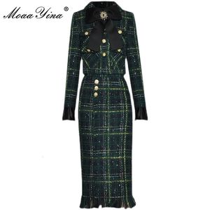 Moaayina Fashion Designer Winter Plaid Tweed Skirts Pak Dames Bow Beading Long Sleeve Jacket Tassel Rok 2 stuks Set 240423