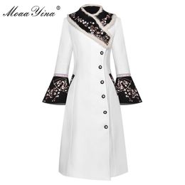 Moaayina Diseñador de moda Woolen Coat Winter Women Rabbit Piel Collar de manga larga Bordado Elegante Manténgase caliente abrigo 201027