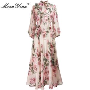 MoaaYina primavera verano diseñador de moda vestido de mujer vestido con cuello de lazo rosa Floral-estampado elegante vacaciones gasa vestidos 210331