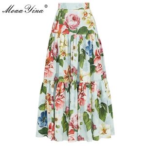 MoaaYina Summer Women Rose Floral-Print Jupe élégante 210311