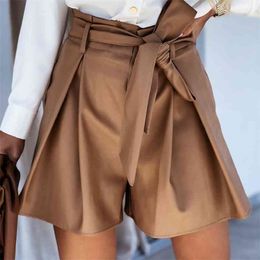 MoArcho Casual hoge taille sjerpen PU lederen shorts vrouw elastische solide kantoor dagelijks korte lente 210724