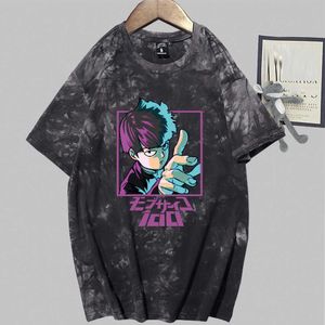 Mob Psycho 100 estampado moda manga corta cuello redondo Tie Dye camiseta Unisex otoño Y0809