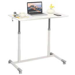 Escritorio de computadora móvil con marco de acero, pequeño escritorio compacto de pie de altura ajustable de altura sobre ruedas