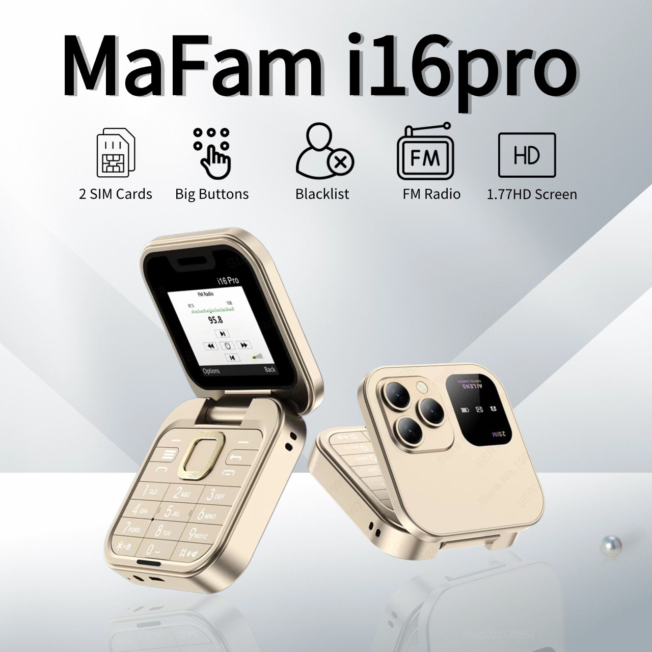 Mobile I16 Pro Mini Folding Phone 2G GSM Dual Sim Card Quick Dial Children's Phone Video Player 3.5mm FM Mini Flip äldre telefonstöd