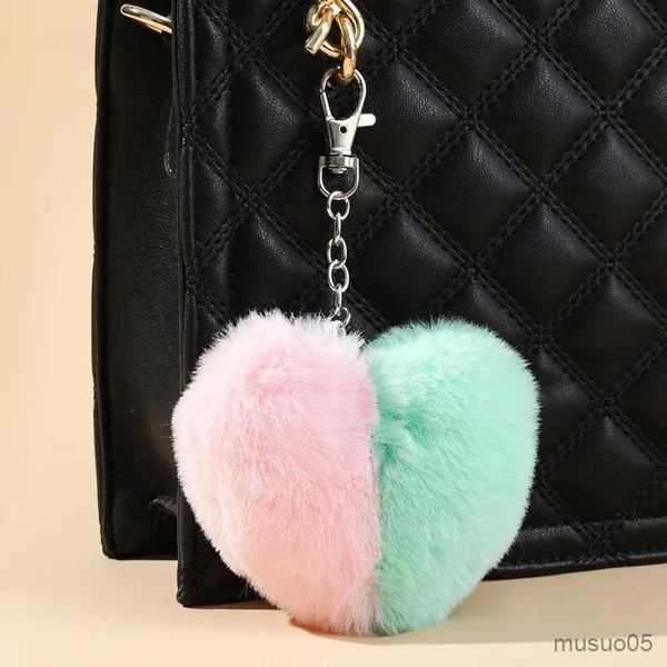 Chaîne de téléphone portable coloré double imitation de cheveux de lapin amour porte-clés mode sac en peluche en forme de coeur pendentif créatif porte-clés de voiture R231031