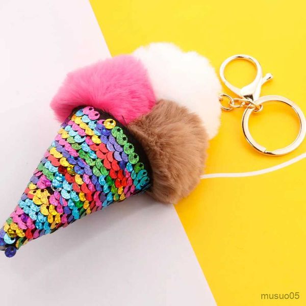 Cadena para teléfono móvil, llavero creativo de imitación de pelo de conejo, llavero de hielo con lentejuelas de pez, colgante para bolso de mujer a la moda R231031