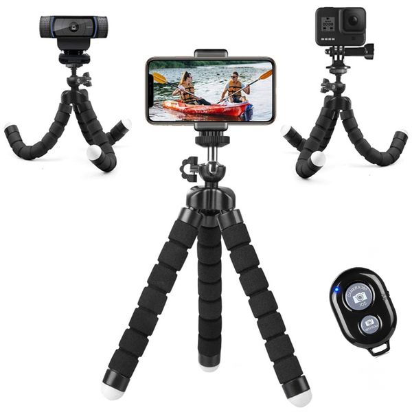 Trípode para teléfono móvil Soporte para tableta de esponja flexible con clip y control remoto inalámbrico para teléfonos inteligentes Vlogging Viajes en vivo Grabadora de cámara digital pequeña