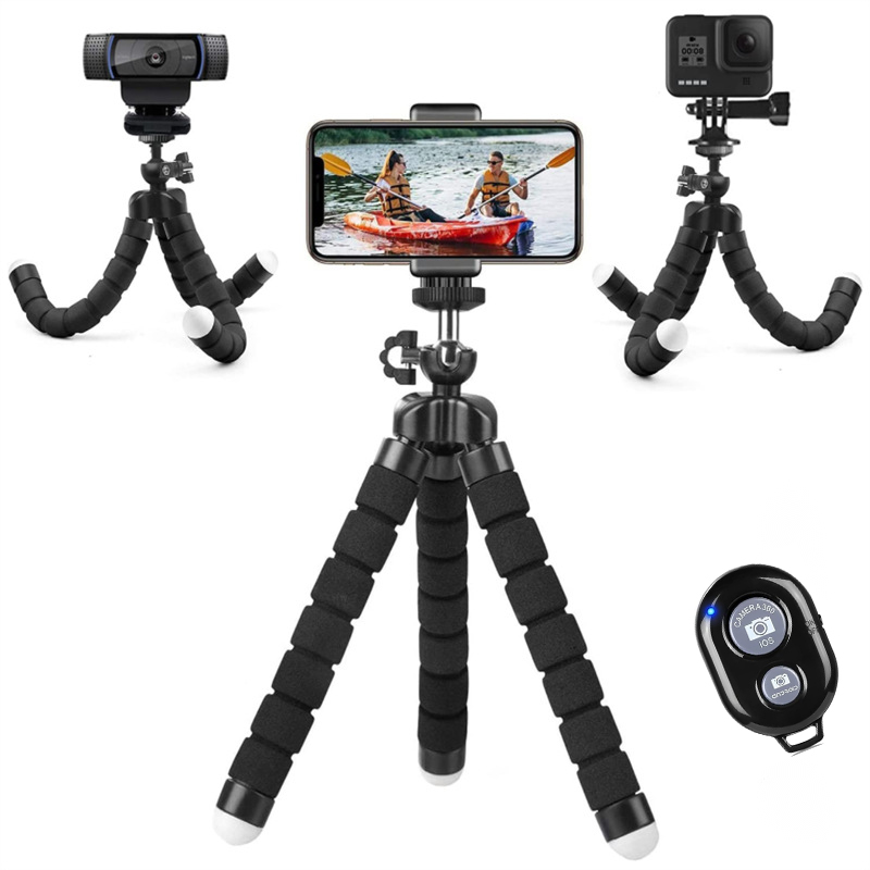 Handy-Stativ, flexibler Schwamm-Tablet-Ständer-Halter mit Clip und kabelloser Fernbedienung für Smartphone-Vlogging, Reisen, Live, kleine Digitalkamera-Recorder-Aufnahmen