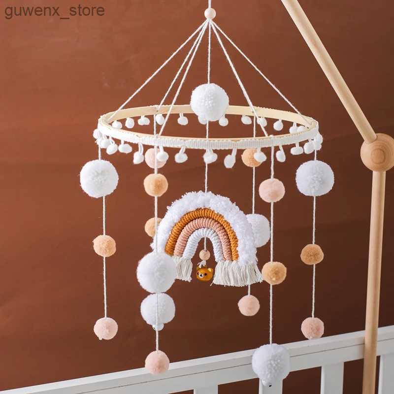 Mobiles# Baby Rattles Wooden Crib Mobile Bed Bell Soft Felt Rainbow Hairball Bed Bell Newborn Music Hanging Toys Crib Bracket Baby Gifts Y240412