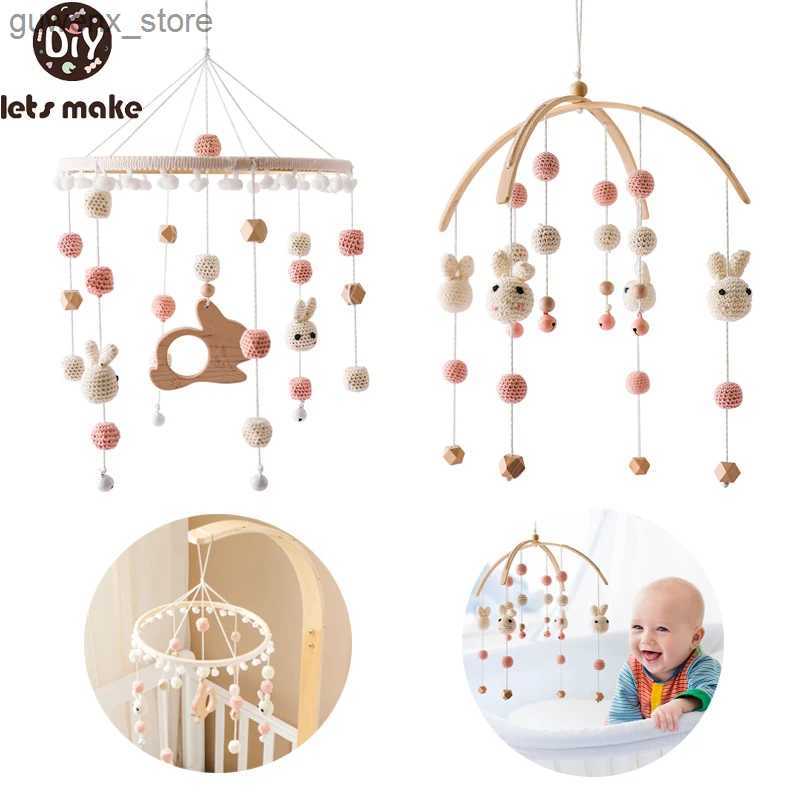Mobiles# Baby Wooden Bed Bell Crochet Rabbit Pendant Hanging Rattle Toy Hanger Crib Mobile Bed Bell Wood Toy Holder Arm Bracket Kid Gifts Y240412