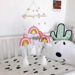 Mobiles# Cute Room Decoration Nordic Style Rainbow Wall Hanging Hand-Woven Rainbow Clouds Tassel Kids Rattle Mobile Crib Toy Home Decorvaiduryb