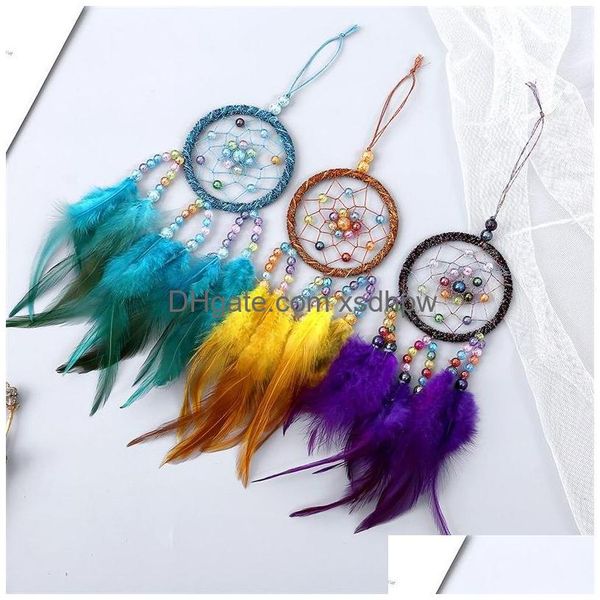 Mobiles # Manuel Dreamcatcher Wind Chime Plume Perle Ronde Cloches Éoliennes Ameublement Décoratif Bibelots Dream Catcher Suspendu 7 Dhhf2