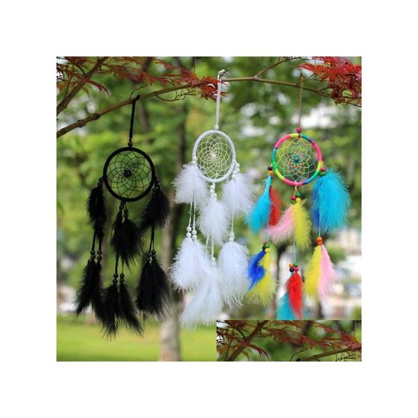 Móviles Venta al por mayor Feather Dream Catcher Blanco Negro Arco iris Piel Niños Decoración de la habitación Accesorios para colgar Accesorios para niños Regalos Drop Deliv OTB7E