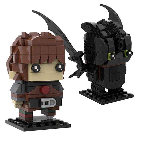 MOC Cartoon Anime Figures Trainer Hiccuped Dragon Brickheadz Building Blocks Formation Krokmou Tête Briques Jouets Enfants Cadeaux H0824