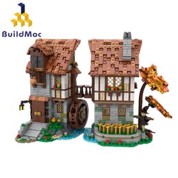 MOC La taberna medieval Smithy Black Falcons Watermill Builds Building Blocks Set Architecture House Bricks Juguetes para niños Regalos para niños