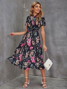 Mock-hals Floral Print Half Button Ruffle Hem Jurk Zij