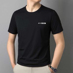 Camiseta negra modal para hombre, manga corta, seda de hielo, sensación fresca, secado rápido, camiseta estampada de media manga de verano, ropa de cuello redondo