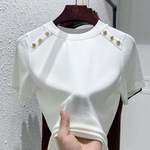 Modal katoenen ondershirt met knoopontwerp voor dames, ronde hals, 2023 lente/zomer nieuw dames afslank-T-shirt, damestop