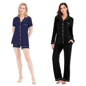 Ensemble de vêtements de nuit doux en coton modal pour femmes col cranté feuille de palmier couleur pure à manches longues à simple boutonnage pyjama de salon PJs 220329