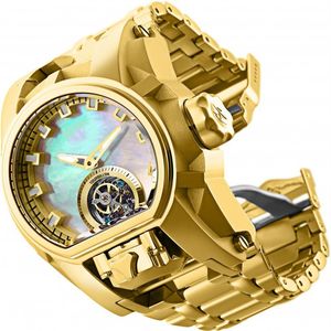 Model 28393 Heren Watch Mechanical Quartz Reserve Bolt Zeus Men 52mm Roestvrij staal Dual Time Zone Gold PolsWatch285L