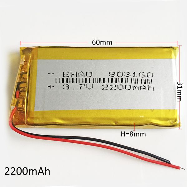 Modelo 803160 3.7V 2200mAh Batería recargable de litio de polímero Lipo celdas de alta capacidad para DVD PAD GPS banco de energía Cámara Grabadora de libros electrónicos
