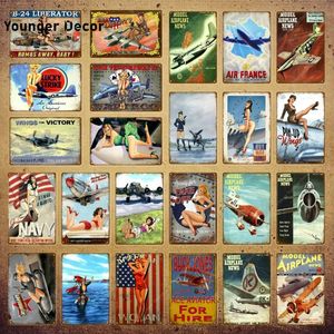 Modelvliegtuig metalen teken Pin Up Girls Vintage Poster American Air Plane Wall Art Pub Bar Home Man Cave Living Room Funny Decor Sexy Girl Sticker 30x20cm W01