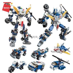 Model Building Kits 6in1 Transformerende Robot Bouwstenen Politie Vrachtwagen Auto Helikopter Motorfiets Model Educatief Speelgoed Jongen GeschenkenL231216