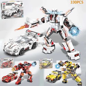 Kits de construcción de modelos Bloques de construcción Coche de carreras Robot transformador 2 en 1 Transformación directa Mecha Figura de acción Conjunto Bloques de construcción juguetes para niños RegalosL231216