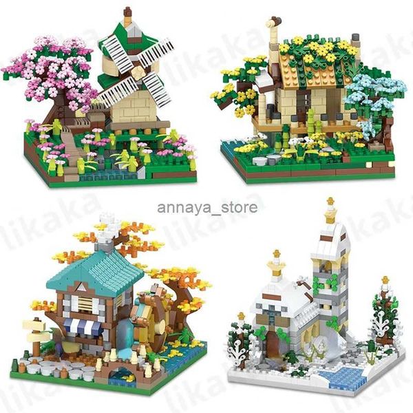 Kits de construcción de modelos Casa de la ciudad Bloques de construcción Sakura Molino de viento Ladrillos de diamantes Juguetes para niñas Niños Fishman Hut Street View Modelo Bloques Juguetes GiftL231216