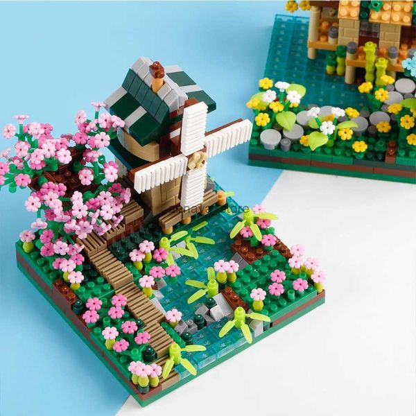 Kits de construcción de modelos Micro ladrillos de cuatro estaciones Vista de la calle Sakura Molino de viento Bloques de construcción Casa de pescadores Árbol Ensamblar ladrillos Juguetes para niños BoyL231216