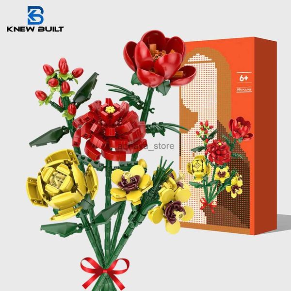 Kits de construction KNEW BUILT Bouquet de fleurs modèle 3D jouet Mini blocs de construction pour fille plante en pot assembler brique décoration vacances petite amie cadeau L231216