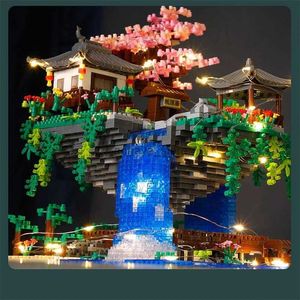 Model Building Kits Temple Pavilion Island Waterfall Pool LED Light Mini Diamond Blocks Bricks Model Toy for Children and AdultsL231216