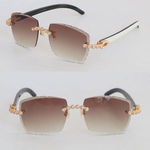 Model Handgemaakte luxe diamanten set Randloze zonnebril Domanen Wit Inside Black Buffalo Horn Men 3524012 Gewerkte lens Zonneglazen mannelijk en vrouwelijk 18k goud maat 58