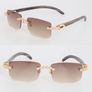 Modèle fait à la main Moissanite diamant serti de lunettes de soleil sans monture femme originale véritable lunettes de soleil naturelles marbré noir corne de buffle hommes célèbres lunettes de soleil taille 57