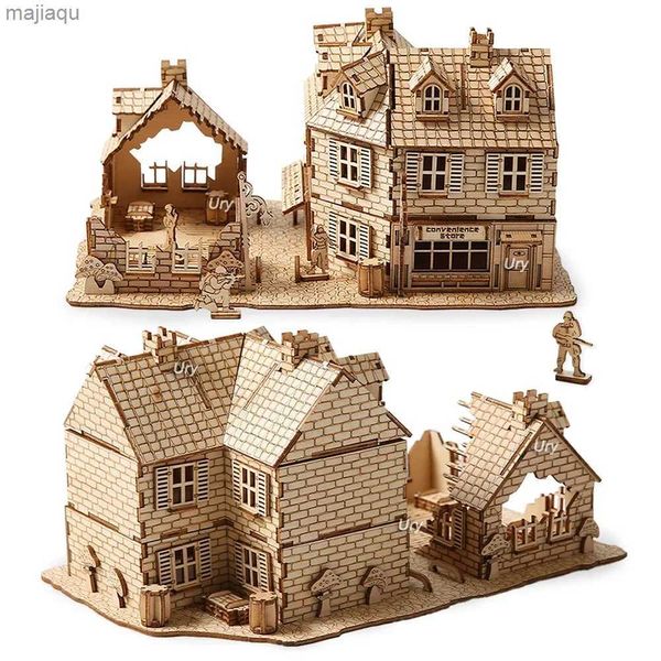 Conjunto de modelos Rompecabezas de madera 3D WW2 Ciudad de guerra de posguerra Conjunto mecánico hecho a mano Modelo de casa Kits de bricolaje Juguetes Decoración de escritorio Regalos para niños