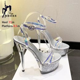 Modelo de Stiletto Sandals Show Heels Summer Women Platform Zapatos Mágico Color transparente Boda sexy de banda estrecha 13 cm de alto 1667